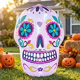KITBONIS 4ft Colorful Sugar Skull Inflatable LED Halloween Yard Decor | 4ft colorful sugar skull inflatable | LED glow | Indoor/outdoor | Weatherproof | Fast setup | Ideal for yard, garden, party