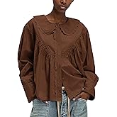 Ymejia Womens Peter Pan Collar Shirt Cotton Button Down Blouses Lace Trim Loose Fit Casual Work Beach Long Sleeve Shirts