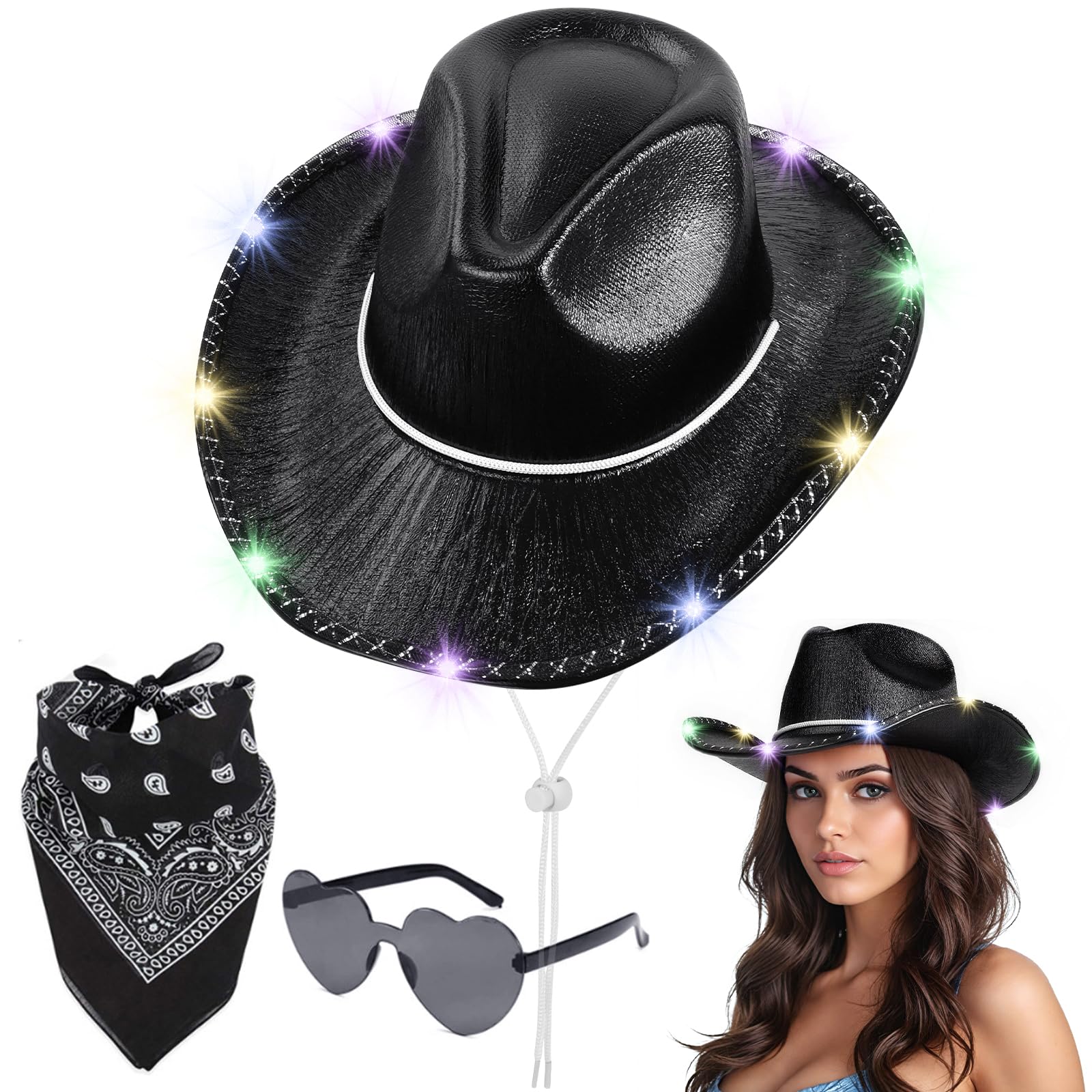Aomig 3Pcs Cowboy Hat Fancy Dress Accessory, Cowboy Costume Set with Paisley Bandanna and Glasses, Western Cowboy Fancy Dress Costume for Birthday Halloween Bachelorette Bachelor Party Cosplay(Black)