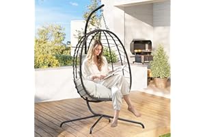 LEX CRAFT Hanging Egg Chair with Stand, Swinging Egg Chair Outdoor Indoor, Hanging Basket Chair with Cushion, Patio Wicker Hammock Chair 350lbs Capacity for Porch, Balcony, Backyard, Garden (Beige1)