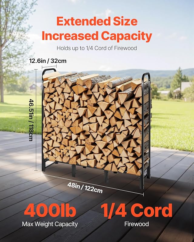 Suporte para Armazenamento de Lenha 122 x 32 x 118 cm Estrutura Metálica com Revestimento em Pó com Meia Tampa Suporte para Lenha 181,4 kg Carga para Lareira, Terraço, Pátio, Jardim, Preto