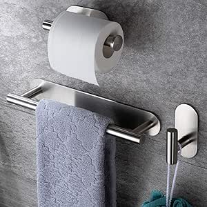 RUICER Toallero + Portarrollos para Papel Higiénico + Ganchos Adhesivos, 3 Piezas Juegos de Accesorios de Baño, Acero Inoxidable