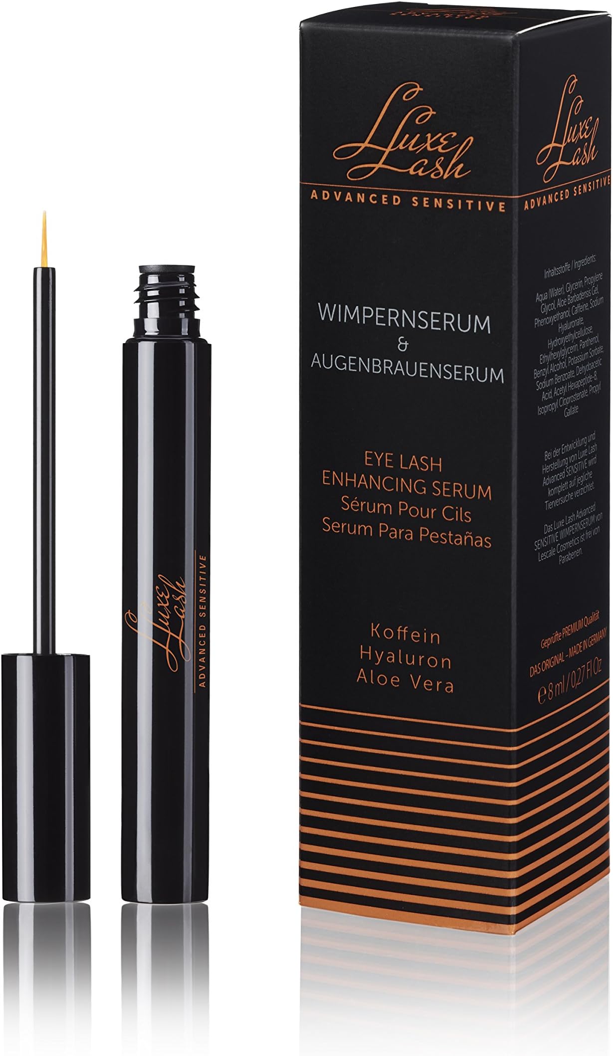 Eyelash Growth Serum Eyelash Enhancer - Eyelash Booster for Rapid Hair Growth Longer Eyelashes and Thicker Brows I Luxe Lash Advanced Sensitive 8 ml. Made in Germany