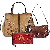 Genuine Leather Vintage Bag & Wallet Set for Women - Cowhide Crossbody Purse with RFID Blocking Wallet, Flower Embossed Retro Gift Combo