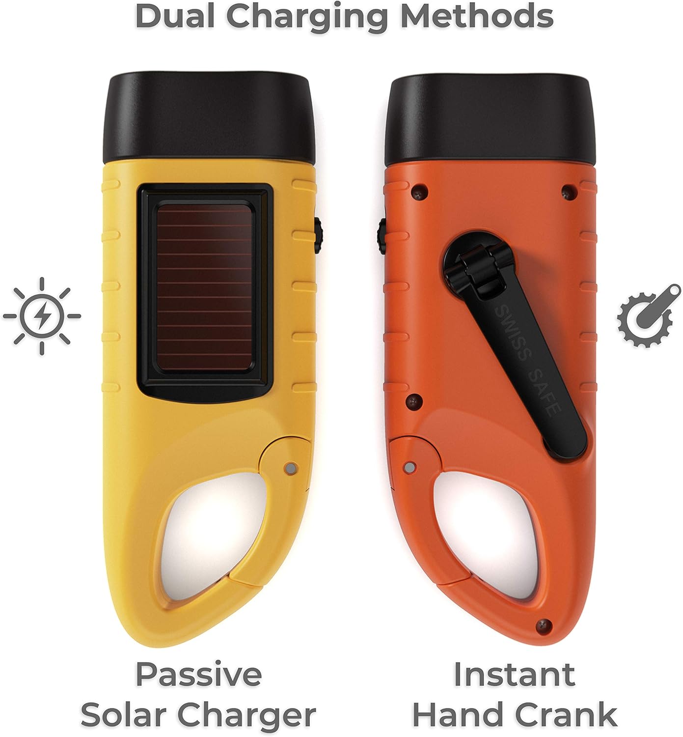 Rechargeable Flashlights (3-Pack) with Solar Power & Hand Crank + BONUS Glow-in-the-Dark Emergency Flashlight Included - High Lumen LED's, Tactical Grip, Mini Keychain Carabiner for EDC & Outdoor Camp - - 
