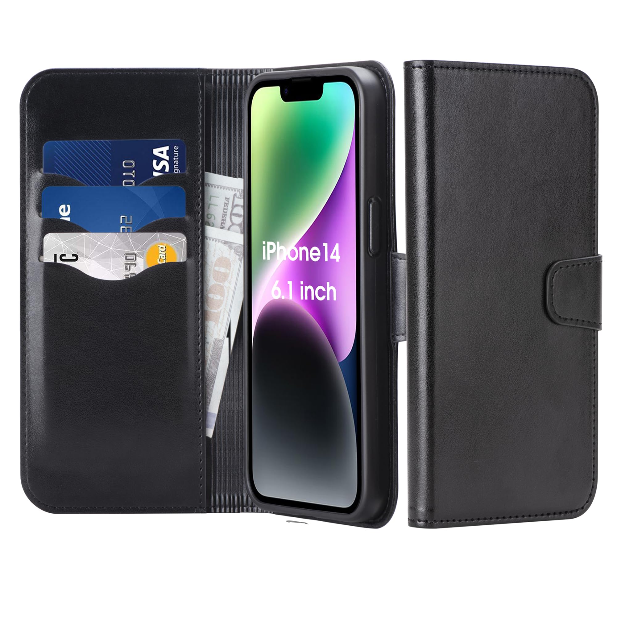 Arae Compatible with iPhone 14 Wallet Case with Card Holder and Wrist Strap Wallet Flip Cover for iPhone 14 6.1inch, Wave Black