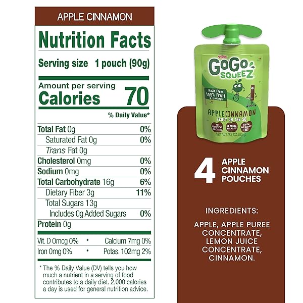 GOGO SQUEEZ APPLESAUCE AND FRUIT PUREE, APPLE CINNAMON, 3.2 OZ (PACK OF 4), UNSWEETENED FRUIT SNACKS FOR KIDS, GLUTEN FREE, NUT FREE, DAIRY FREE, BPA FREE POUCHES (PACKAGING MAY VARY)
