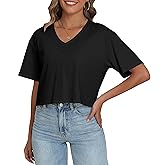 PRIMODA Women's Oversized Crop Tops Boxy V Neck Short Sleeve Cropped T Shirts Loose Summer Workout Crop Tee Tops