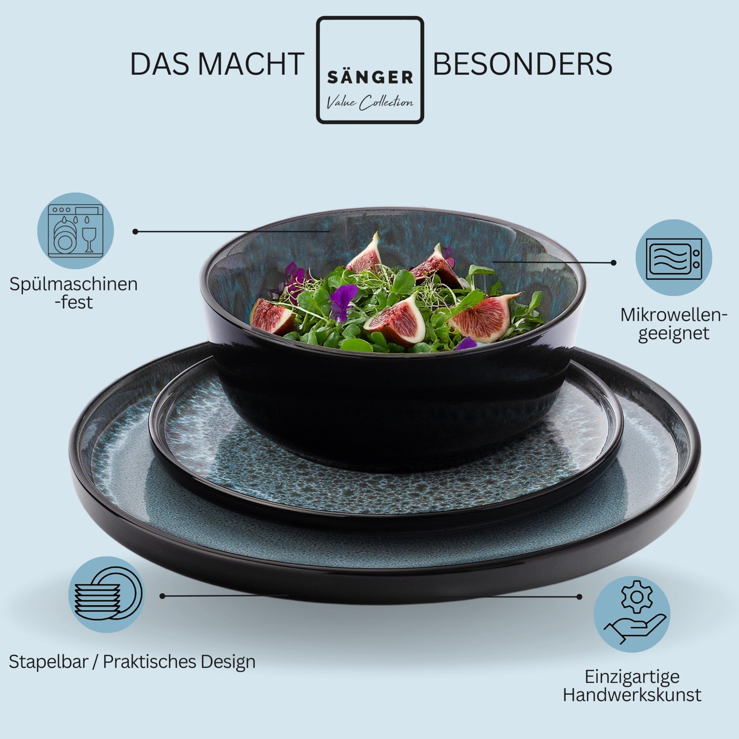 SÄNGER Manila | Tafelservice 24 teilig, Steingut Geschirr Set 6 Personen, 6x Teller Set 6x Frühstücksteller 6x Tiefe Teller 6x Pastaschalen blau mit schwarzem Rand | VALUE COLLECTION 3