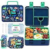 rockpapa 5 Compartment Bento Lunch Box with Ice Pack for Kids with Uensils & Insulated Water Bottle & Lunch Bag, BPA-Free Lunch Containers Set for School Boys Girls Ages 3+ (Blue Dinosaur)