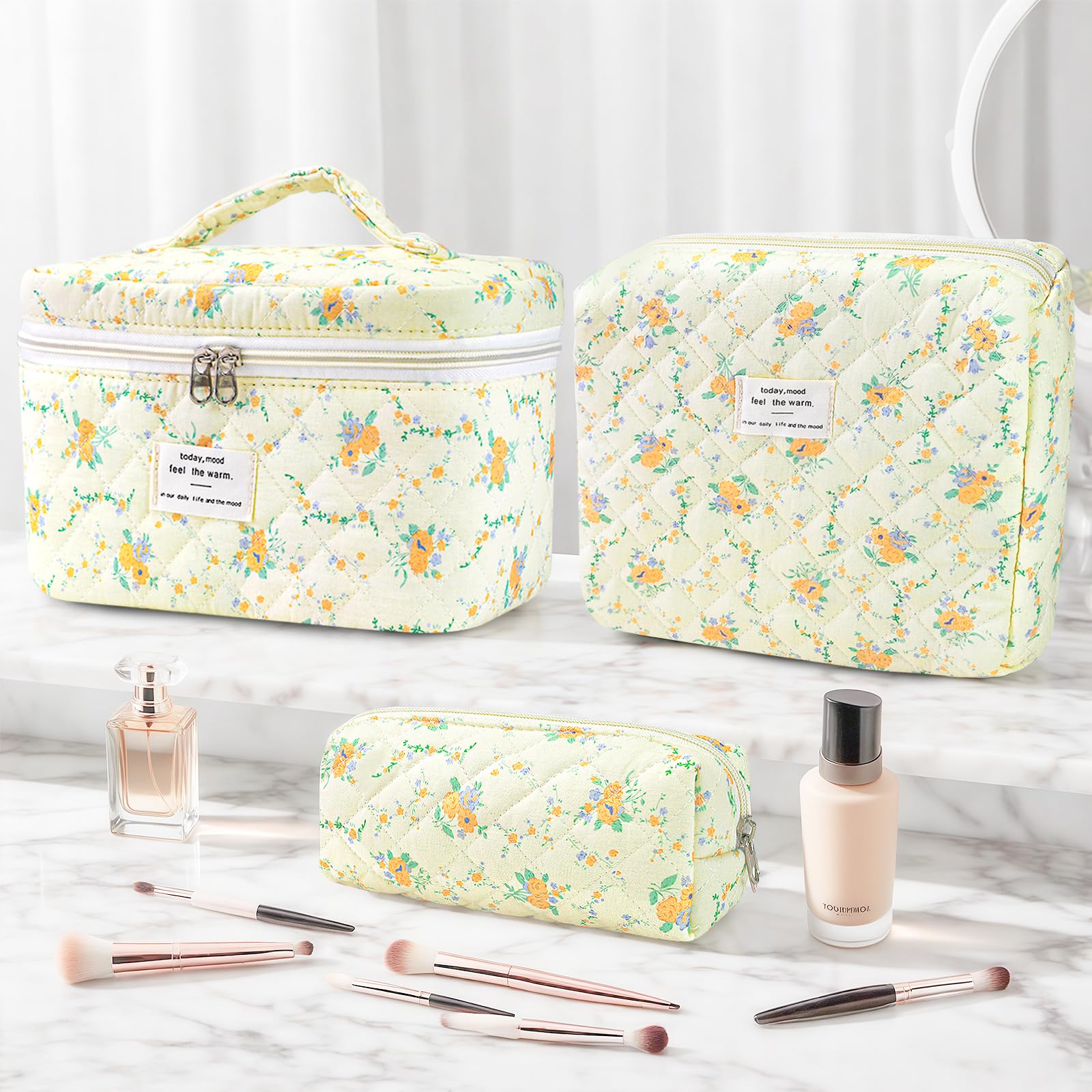 Givurao 3Pcs Cotton Quilted Makeup Bag for Women Girls, Large Floral Cosmetic Bag Set Cute Makeup Brushes Aesthetic Accessories Storage Bag Yellow Daylily Flower Travel Toiletry Bag Organizer