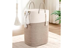 WENMER 65L Woven Laundry Basket for Clothes, Large Rectangle Laundry Hampers with Beads Tassel, Nursery Storage Basket for Toys, Tall Dirty Clothes Hamper for Bedroom Aesthetic, Laundry Room Organization