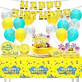 199Pcs Yellow Birthday Decorations Tableware Yellow Cartoon Under-the-Sea Party Supplies Include Banner Balloons Plates Napkins Cups tablecloth Cupcake Toppers and Cake Topper for Party Decor Sever 24