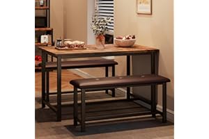 Fancihabor Dining Table Set for 4, Kitchen Table with Benches, Rectangular Dining Room Table Set with Upholstered Benches, 3 Piece Kitchen Table Set for Small Space, Apartment, Rustic Brown
