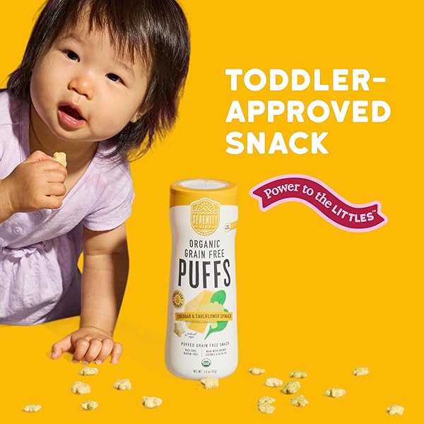 SERENITY KIDS 6+ MONTHS GRAIN-FREE BABY PUFFS – MELT-IN-MOUTH TODDLER SNACKS, EASY-GRIP INFANT SNACKS, REAL VEGGIE & OLIVE OIL ORGANIC BABY FOOD, 1.5 OZ, PACK OF 1, WHITE CHEDDAR & CAULIFLOWER SPINACH