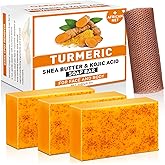 OAKDOLCHE 3P Turmeric Kojic Acid Soap Bars with African Exfoliating Net Sponge, Infused with Retinol, Vitamin E & Shea Butter - For Face & Body, SLS Free, Suitable for Oily & Dry Skin
