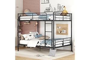 Miscoos Durable Full Over Full Metal Bunk Bed with Guardrails and Built-in Ladder, Metal Bunk Bed Frame Convertible into Two Beds for Kids Teens Girls Boys, Black