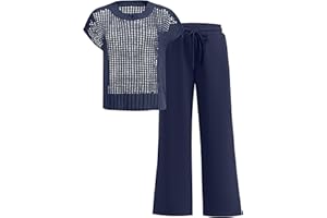 OUKODS Women Two Piece Outfits Crochet Sheer Knit Sweater Top Wide Leg Pants Lounge Matching Sets Sweatsuit Travel Clothes