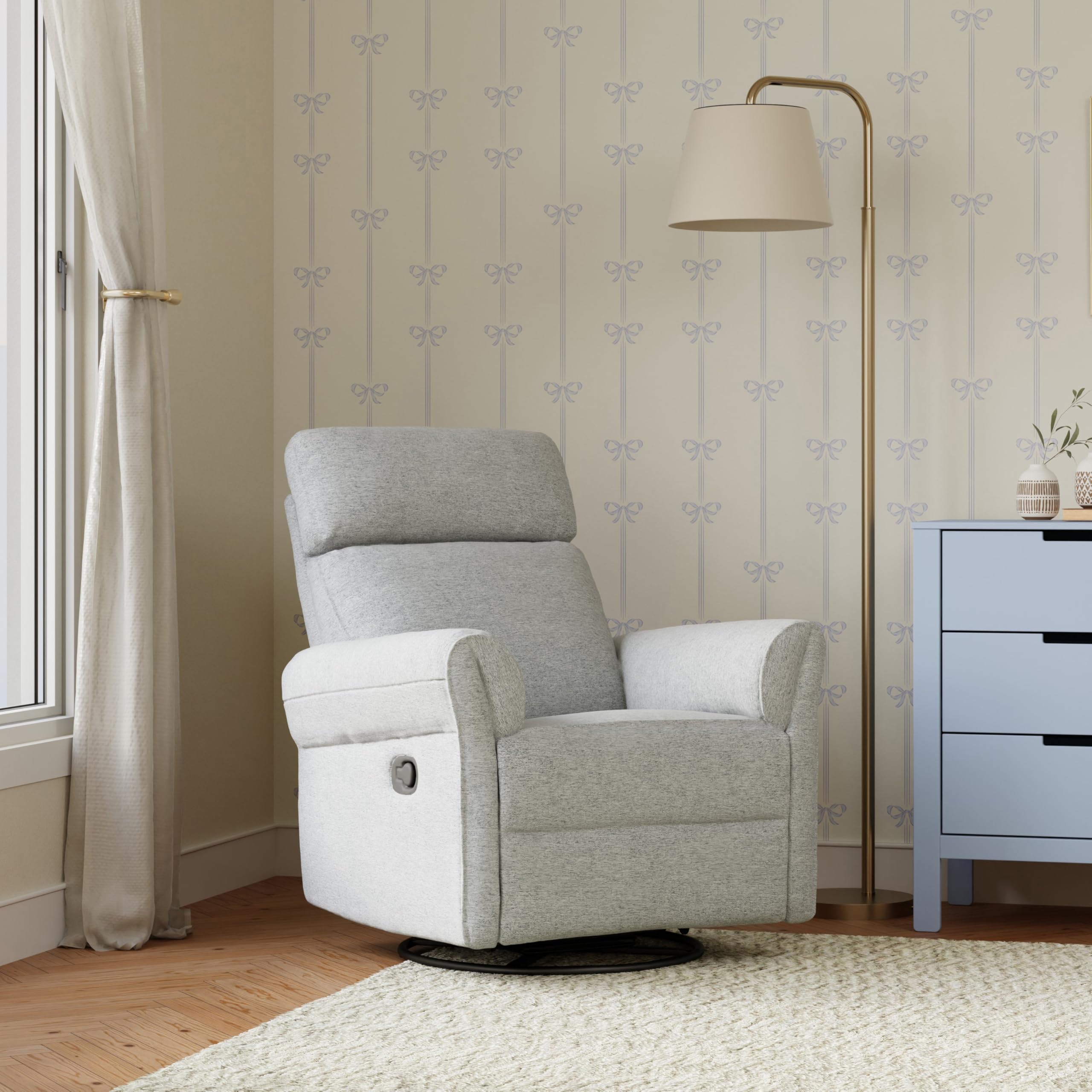Photo 1 of Davinci Suzy Flex Nursery Recliner and Swivel Glider with Adjustable Headrest and Armrests, High Pillowback in Frost Grey | GREENGUARD Gold, FSC, CertiPUR-US® Certified