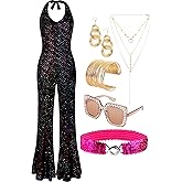 SOMSOC 70s Disco Jumpsuit Costumes Women Fashion Disco Accessories for Halloween Necklace Earrings Bracelet Glasses Belt