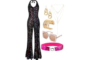 SOMSOC 70s Disco Jumpsuit Costumes Women Fashion Disco Accessories for Halloween Necklace Earrings Bracelet Glasses Belt