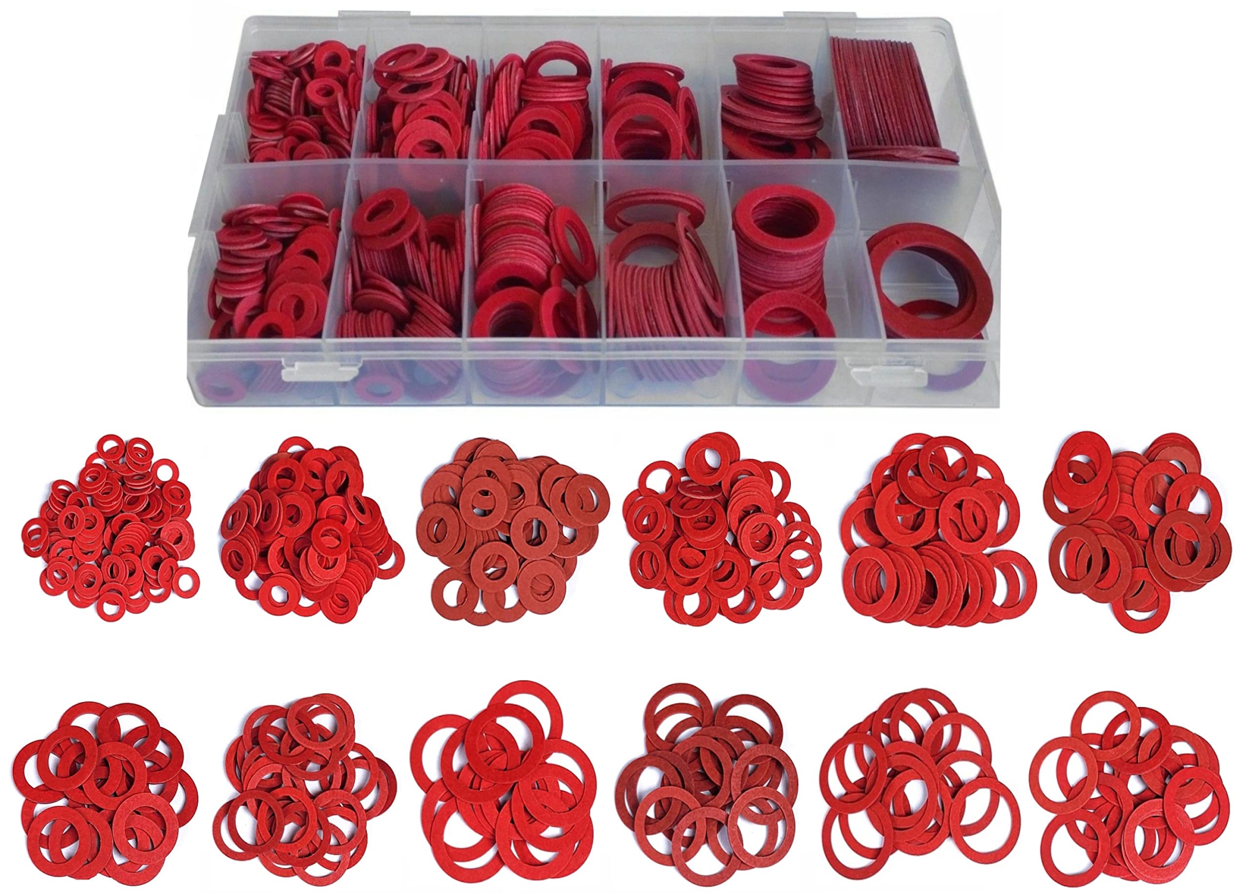 600 Pcs Fibre Washer Assorted Set in a Storage Box- Assorted Red Steel Paper Insulation Fibre Washers, Various Size Sealing Washers