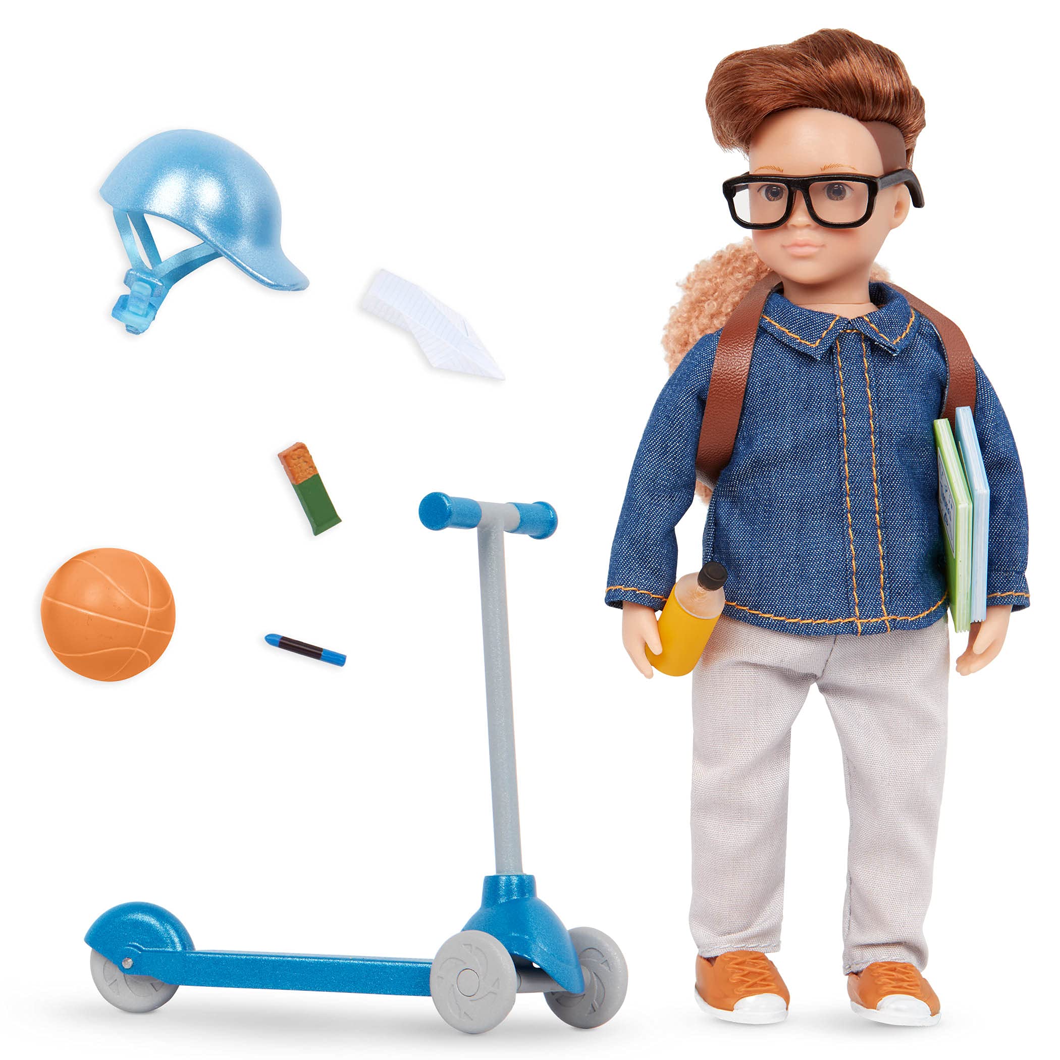 Lori Dolls – Thomas’ Scooter Set – Mini Boy Doll & Scooter Playset – 6-inch Doll with Vehicle & Accessories – Clothes, Helmet, Ball, Backpack – Toys for Kids – 3 Years + (LO31208Z)