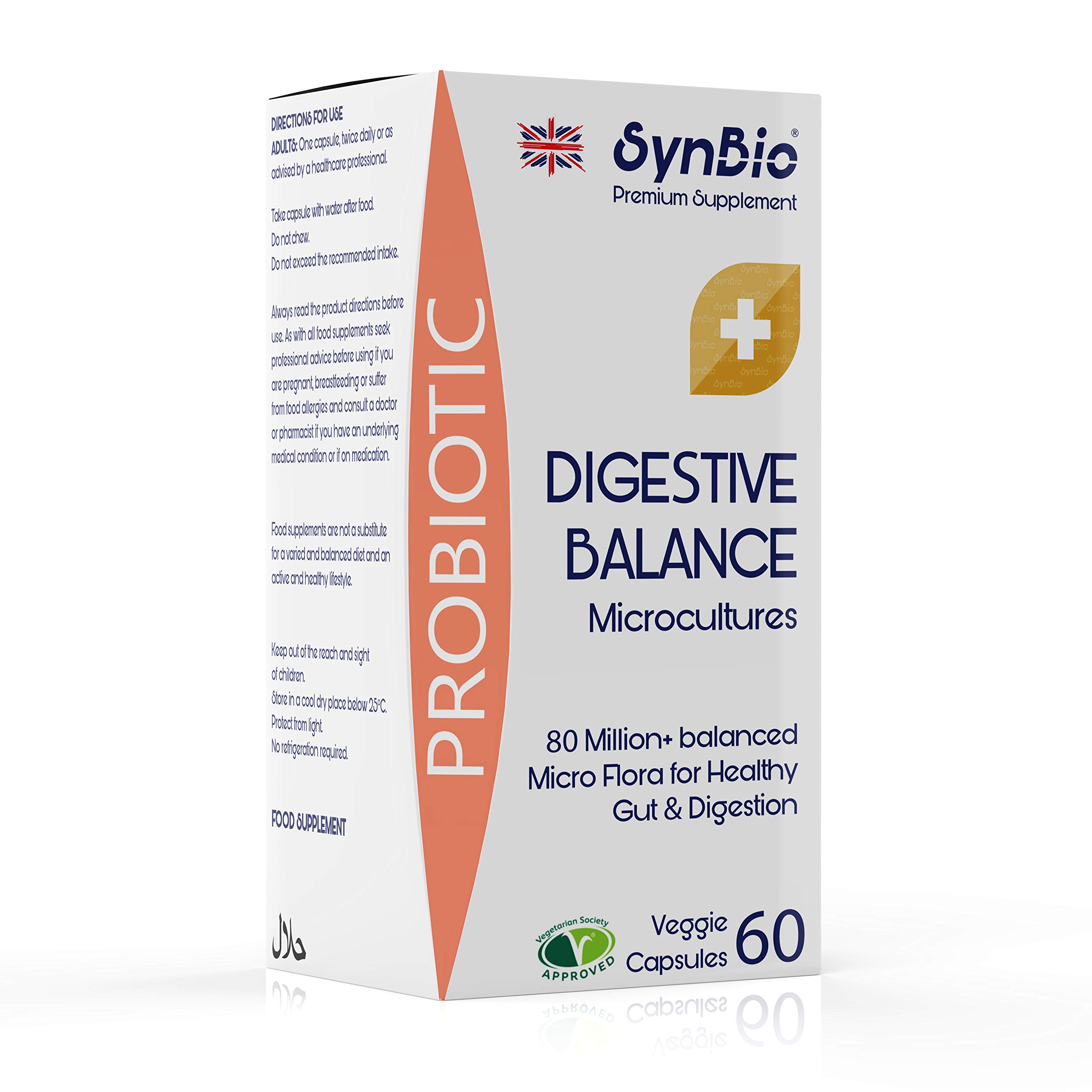SynBio Premium+ - Probiotic - Digestive Balance | 60 Capsules | Vegetarian Certified | Microcultures | Micro Flora for Healthy Gut & Digestion | Probiotic for Men & Women | Made in the UK