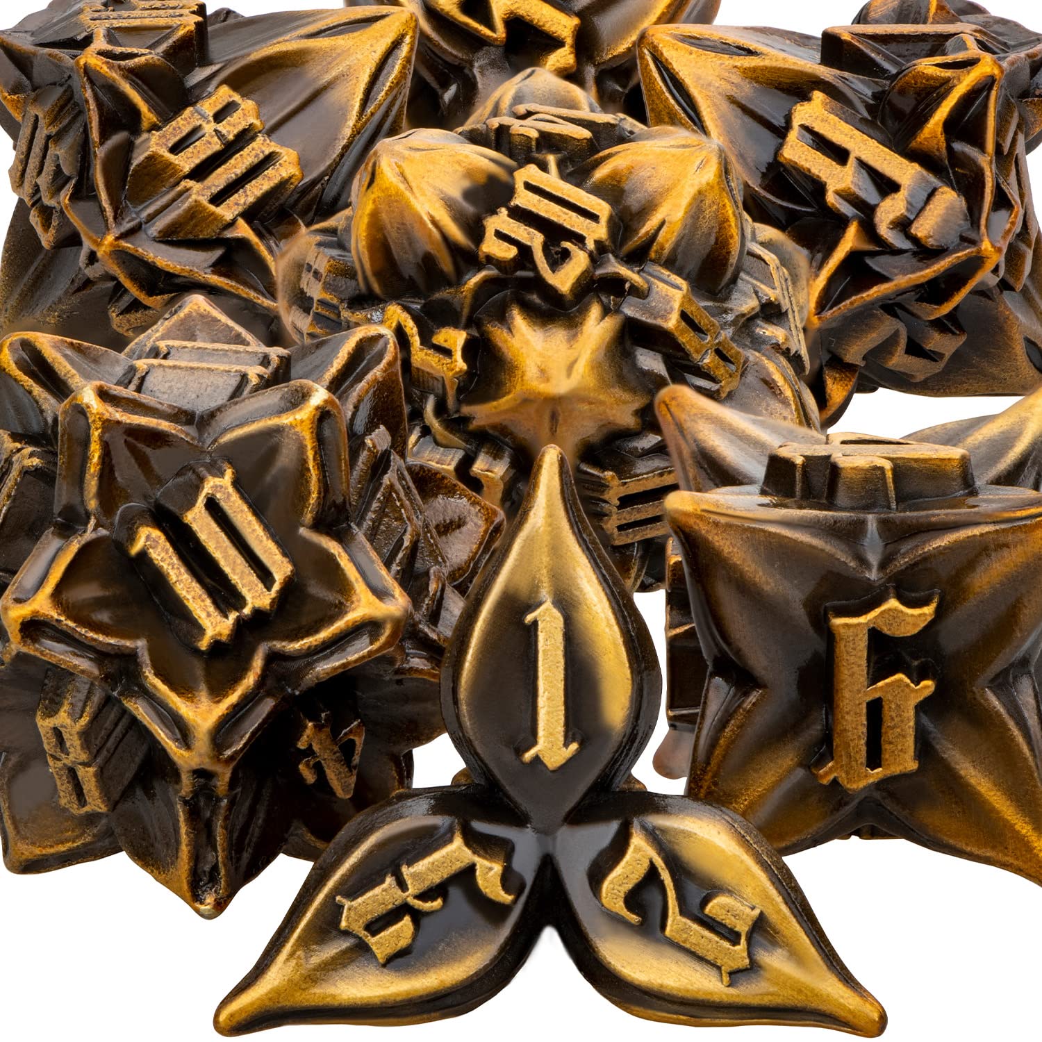 ARUOHHA DND Metal Dice Set Ancient Gold Leaf Design Polyhedral Dragons Dice with Box, 7PCS Dungeons D and D Dice RPG Role Playing Games D20 D12 D10 D8 D6