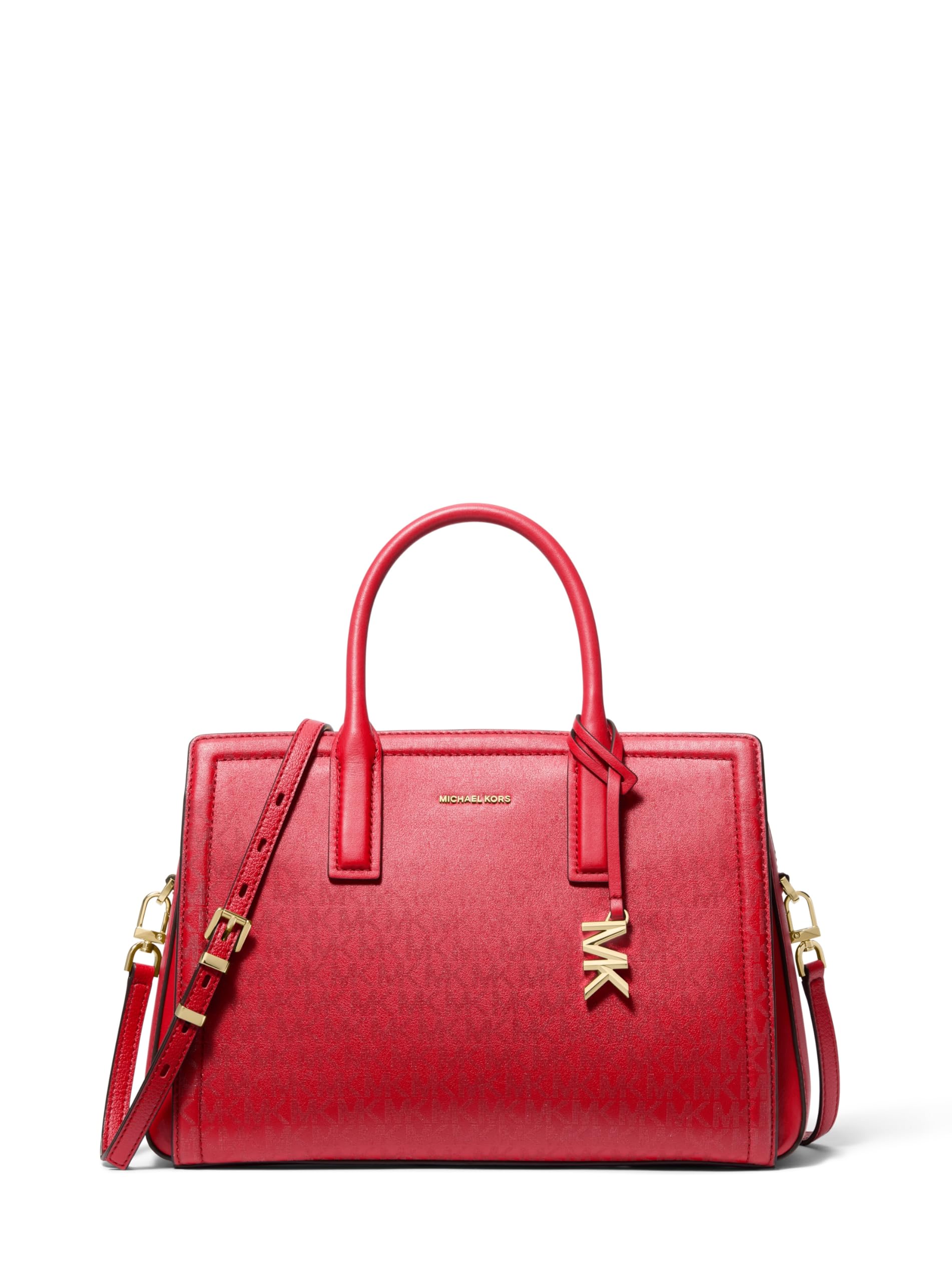Michael Kors Laila Medium Satchel, Gold-Tone Hardware/Foil Printed MK Signature Smooth Nappa Leather/Crimson