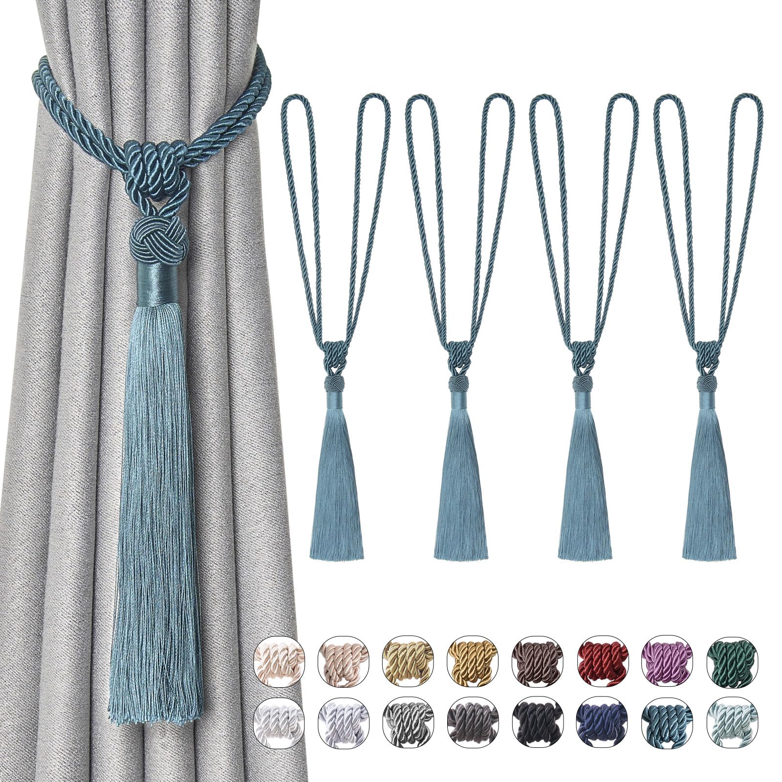 Pretty Jolly 4 Pack Long Tassel Curtain Tiebacks Handmade Braided Rope Knot Drape Tie Backs European Style Decorative Curtain Holdbacks for Home & Office Window Drapery (Teal)