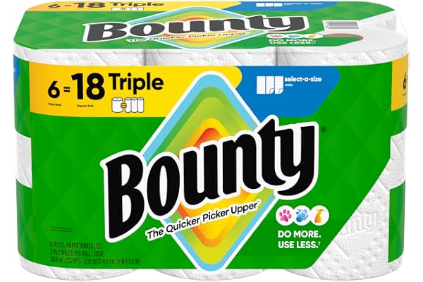 Bounty Paper Towels Select-A-Size, White, 6 Triple Rolls = 18 Regular Rolls