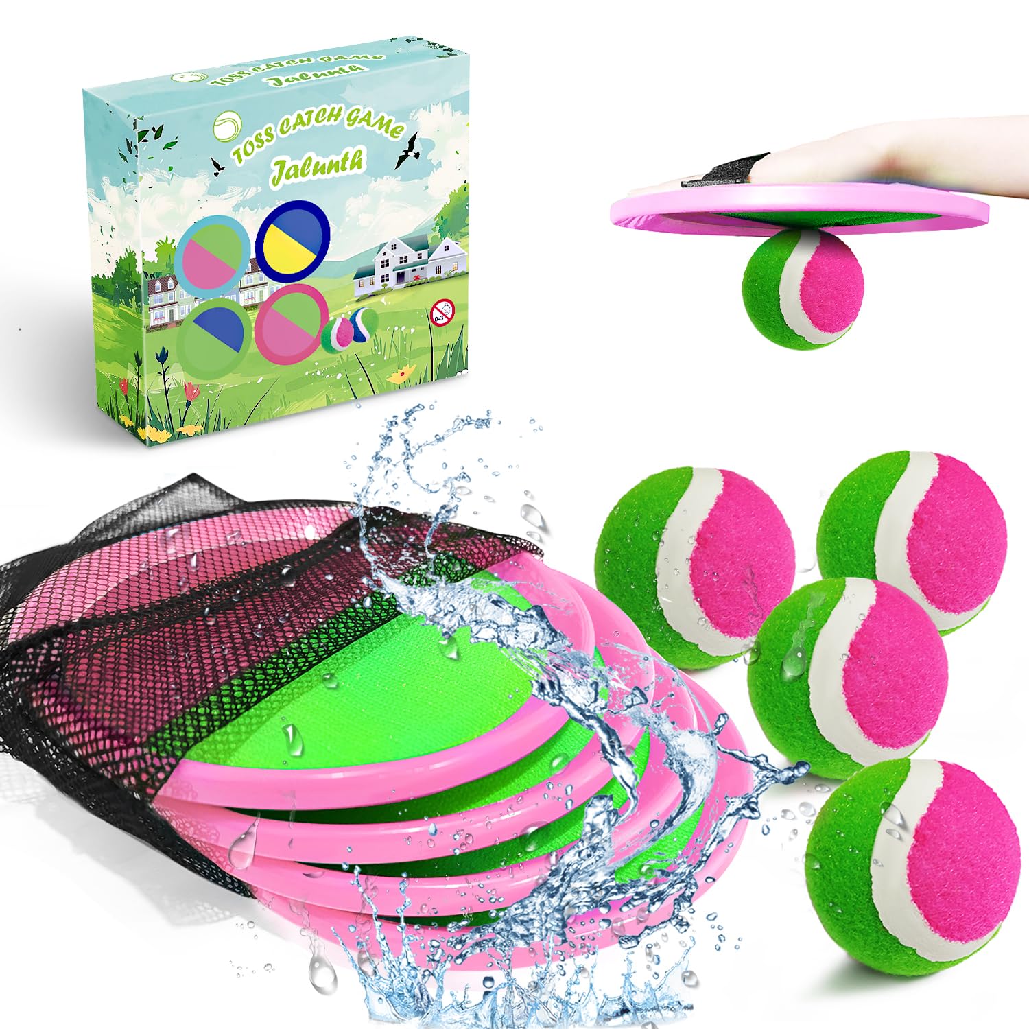 Photo 1 of Jalunth Ball Catch Set Game Toss Paddle - Beach Toys Back Yard Outdoor Pool Games Backyard Target Throw Sticky Mitts Set Age 3 4 5 6 7 8 9 10 11 12 Years Old Boys Girls Kids Easter Gifts Pink 2 Pack