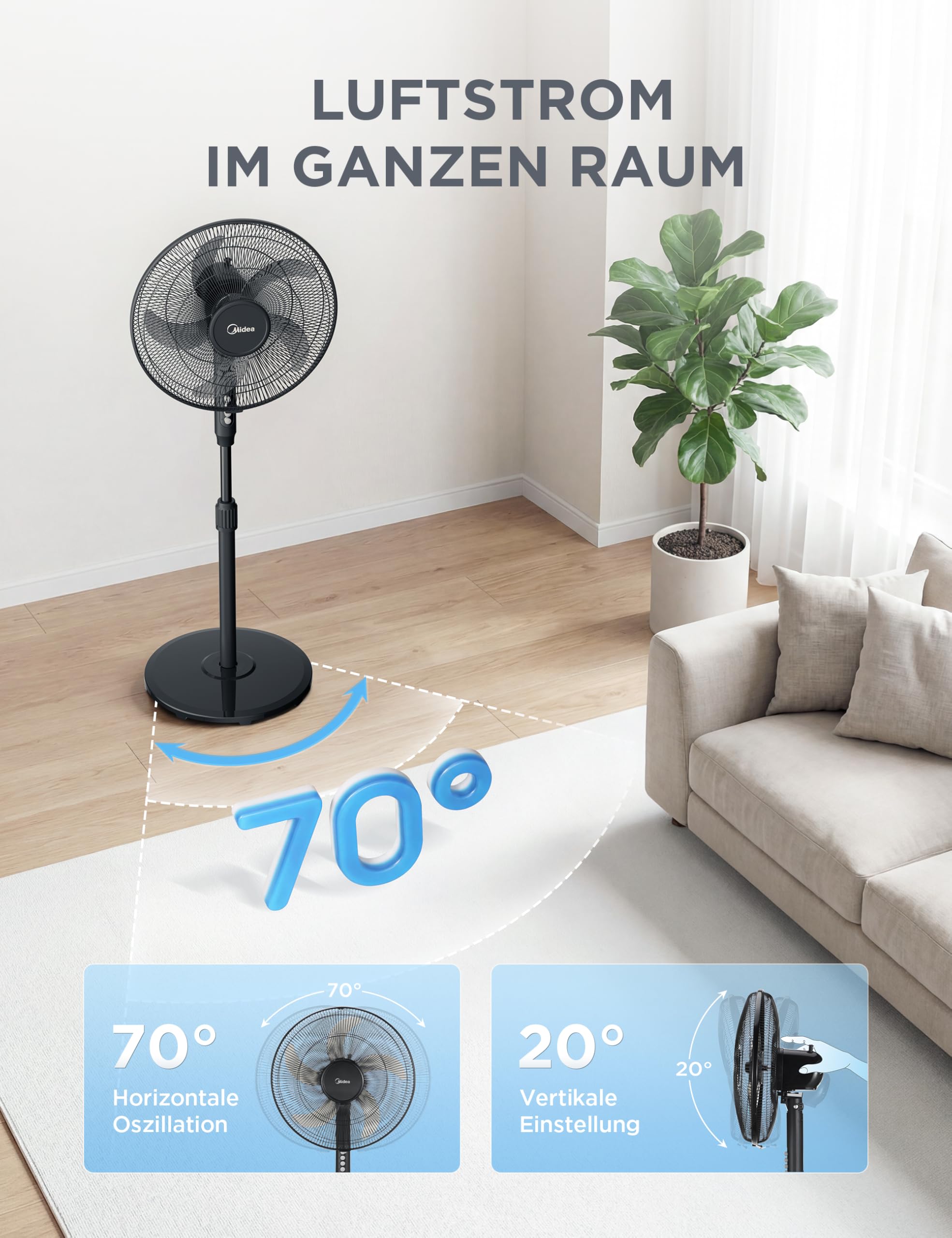 Midea Standventilator FS40-25JA mit Fernbedienung, 5 Flügel, 40W Energiesparend, Höhenverstellbar bis 122cm, Leise, Schwarz 6