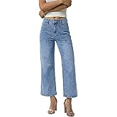 GRAPENT Wide Leg Jeans Woman Trendy Cropped High Waisted Patch Pocket Stretch Denim Pants Baggy Loose Straight Leg Jeans