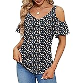 Micoson Cold Shoulder Tops for Women Summer Short Sleeve Shirts Ladies Floral Ruched Blouse Classic Cute V Neck Tunic