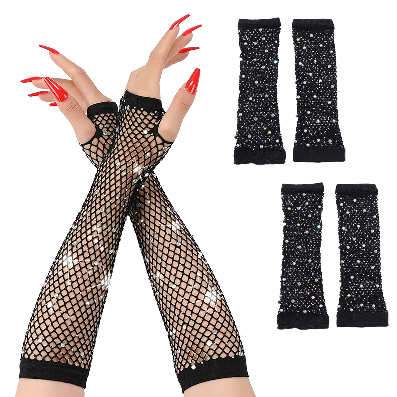 GIEEU 2 Pairs Long Fishnet Rhinestone Gloves,Sparkly Fishnet Fingerless Gloves for Women,Black Mesh Gloves for 80s Fancy Dress Party Costume
