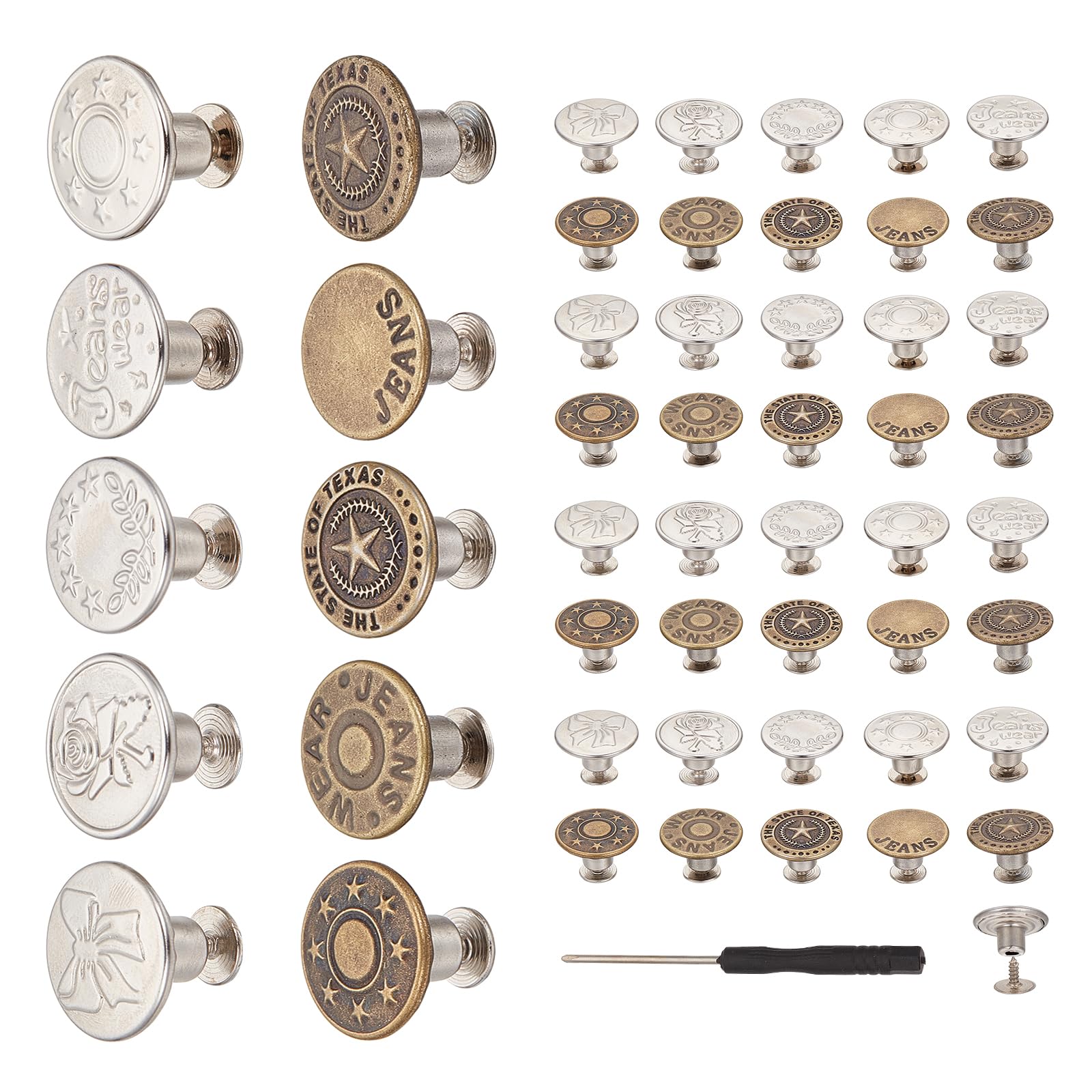 NICENEEDED 100 Pcs Jeans Buttons Pins, Adjustable Pants Buttons for Jeans, Removable Instant Metal Buttons with Screwdriver No-Sew Replacement Buttons for Pants Denim Clothing Tighten or Extend Waist