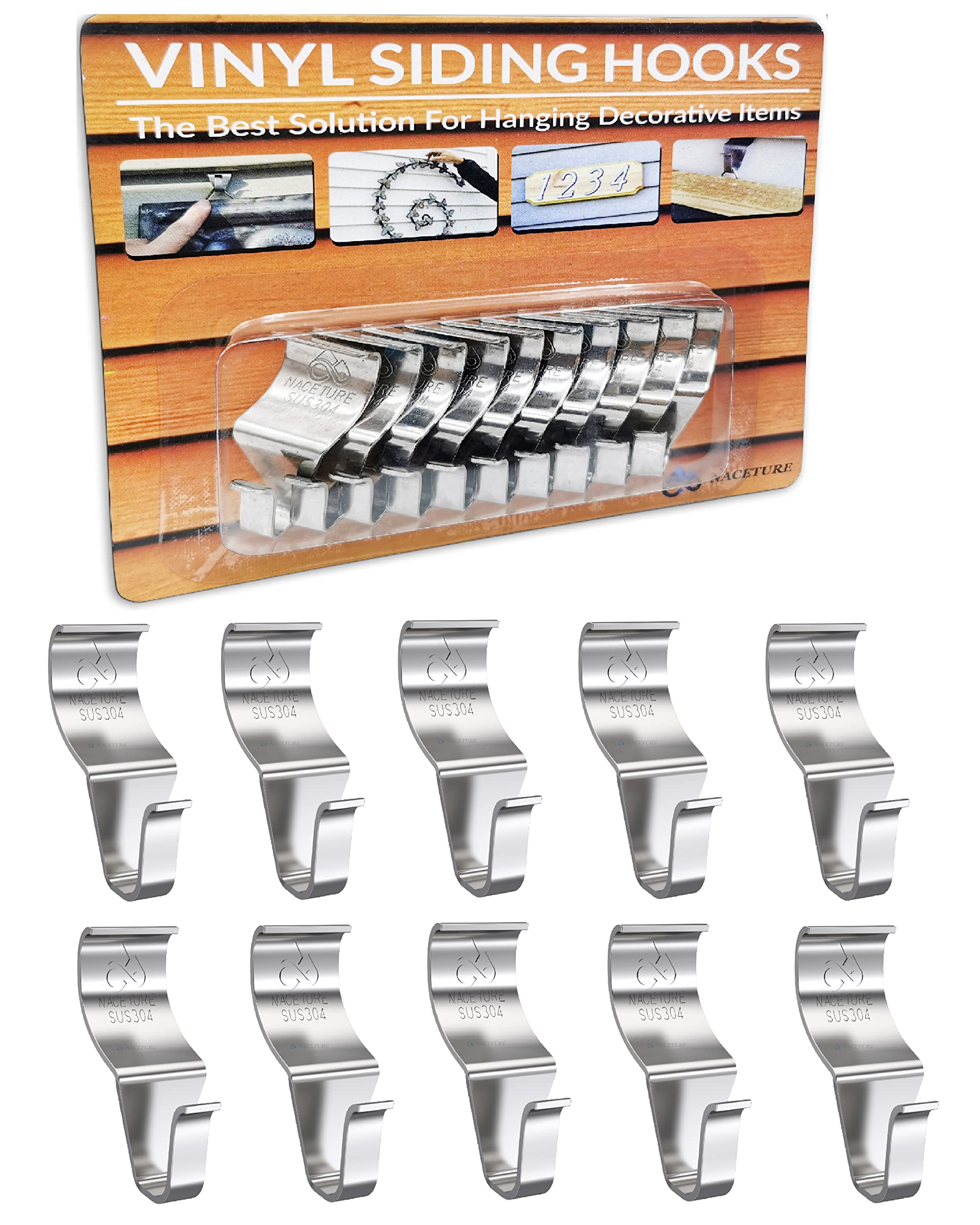 NACETURE Vinyl Siding Hooks Hanger (10 Pack) | No Drill Vinyl Hooks for Hanging Outdoor Decor, Sliver