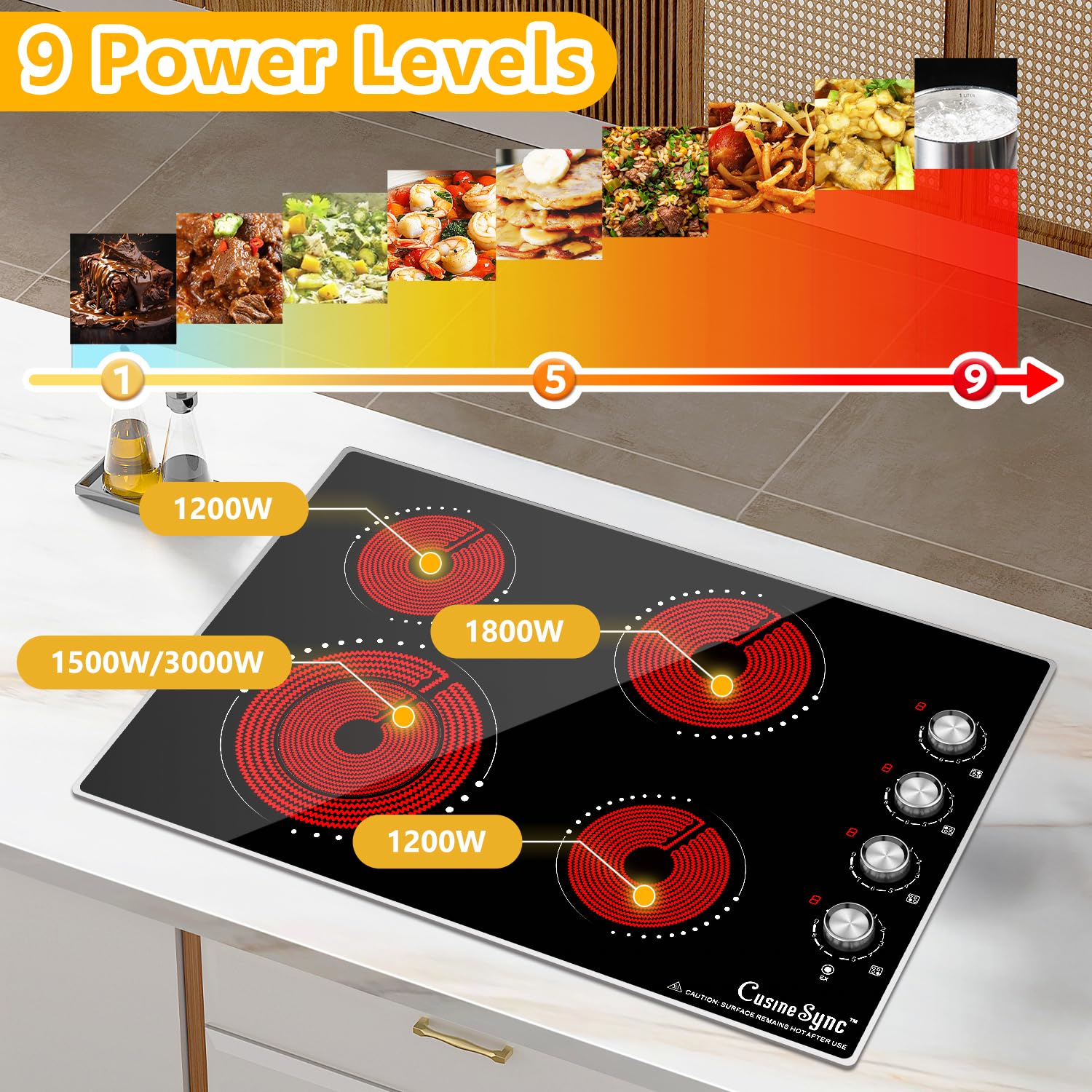Cusinesync 30 Inch Electric Cooktop, 4 Burner Built-in Electric Stove Top with 9 Power Levels, Knob Control, Auto shutdown and Residual Heat Warning, 7200W, 220-240V for Hard Wire
