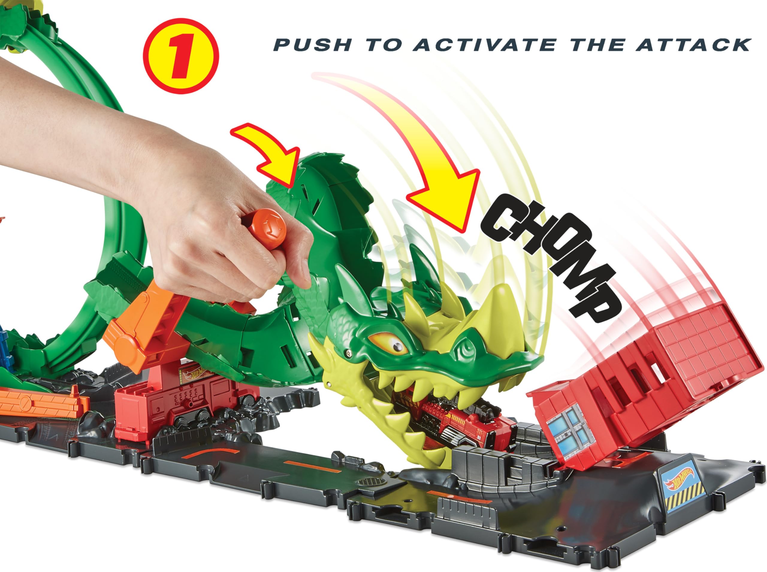 Hot Wheels Track Set with 1:64 Scale Toy Firetruck, City Fire Station with Dragon Nemesis and Track Play, Dragon Drive Firefight
