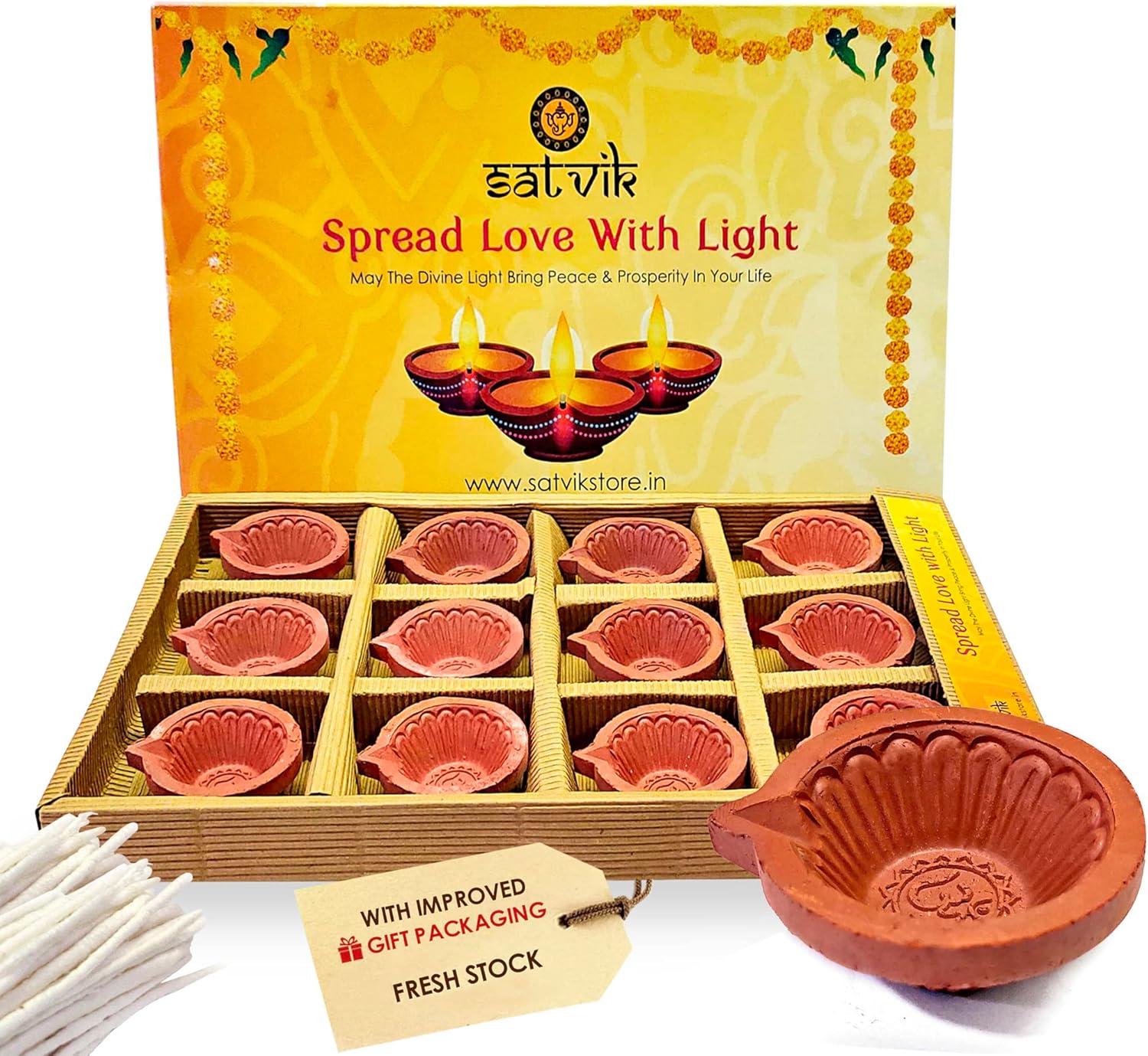 Oil Lamps & Accessories - SATVIK Clay Diya 12 Pc Set Earthen Diya with Cotton Wicks Batti Terracotta Diwali Dia Traditional Oil Lamp for Puja Vilakku Made of Natural Mitti Welcome Deepawali Pooja Decoration Indian Gift Items