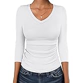ANRABESS Womens Tops 3/4 Sleeve V Neck Ribbed Knit Slim Fit Shirts Basic Tee 2026 Fall Outfits Casual Tshirt Fashion Clothes