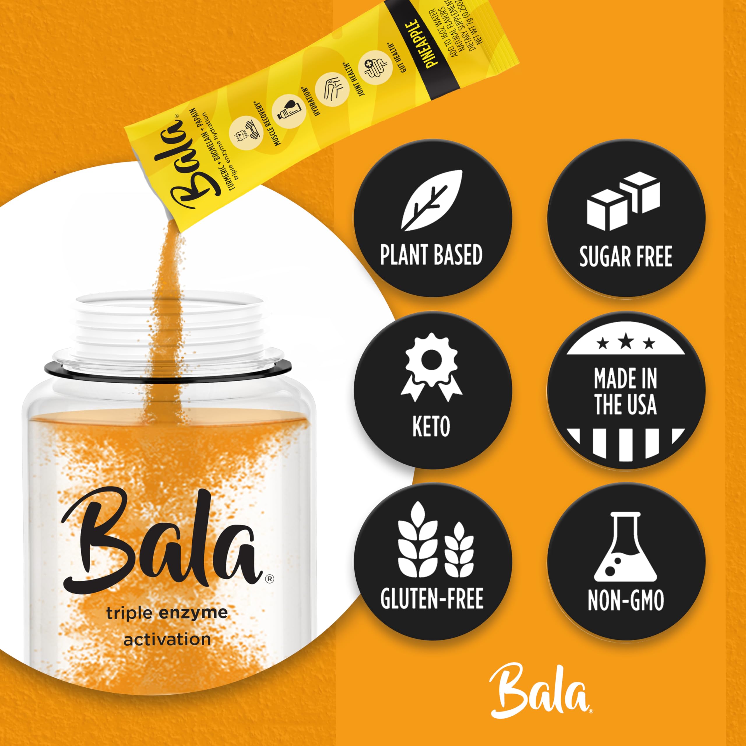 Bala Enzyme Hydration & Sugar-Free Drink Mix - Turmeric, Bromelain, Papain - Immunity, Mobility - Variety Pack 0.25oz (12 Count)