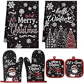 Jingmore 6 Pcs Christmas Kitchen Decor Set Kitchen Towels Oven Mitts and Pot Holders Xmas Tree Dish Towels Oven Mitts and Pot Holders for Baking Home(Christmas Snowflakes Style)