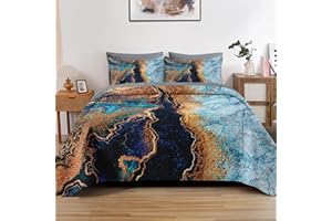 Pamnest Quilt Set King Size, Modern Blue Gold Marble 3 Pcs Soft Bed Cover Bedding Set for Kids and Adults, Abstract Luxury Lightweight Bedspread Coverlet with Pillow Sham for All Season