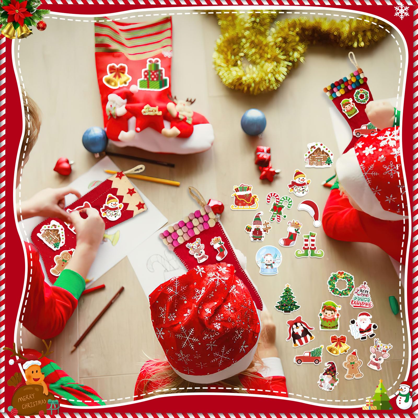 JULBEAR Christmas Foam Sticker, 300Pcs Winter Bulk Colorful Printing Self-Adhesive Campus Themed Foam Stickers for Kids Christmas Party Favors DIY Crafts Holiday Classroom Decorations