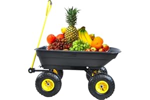 VOOHEK Garden Dump Cart with Steel Frame Outdoor Wagon with 10 Inch Pneumatic Tires, 300lbs Capacity, Black