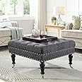 24KF Large Square Coffee Table Ottoman - Upholstered Tufted Button Linen Footrest Bench with Casters Rolling Wheels - Charcoal Gray