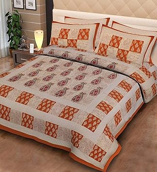 Fecom Cotton Rajasthani Jaipuri Traditional Sanganeri Design King Size Double Bedsheet with Pillow Covers
